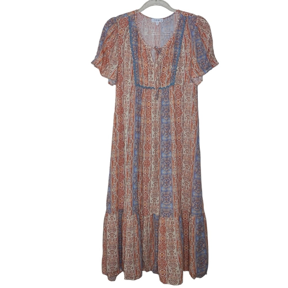 Calista Collection Boho Paisley Print Empire Waist Tiered Midi Dress